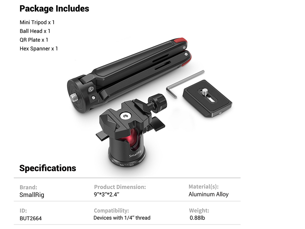 SmallRig BUT2664 2kg Taşıma Kapasiteli Top Başlıklı Masaüstü Tripodu