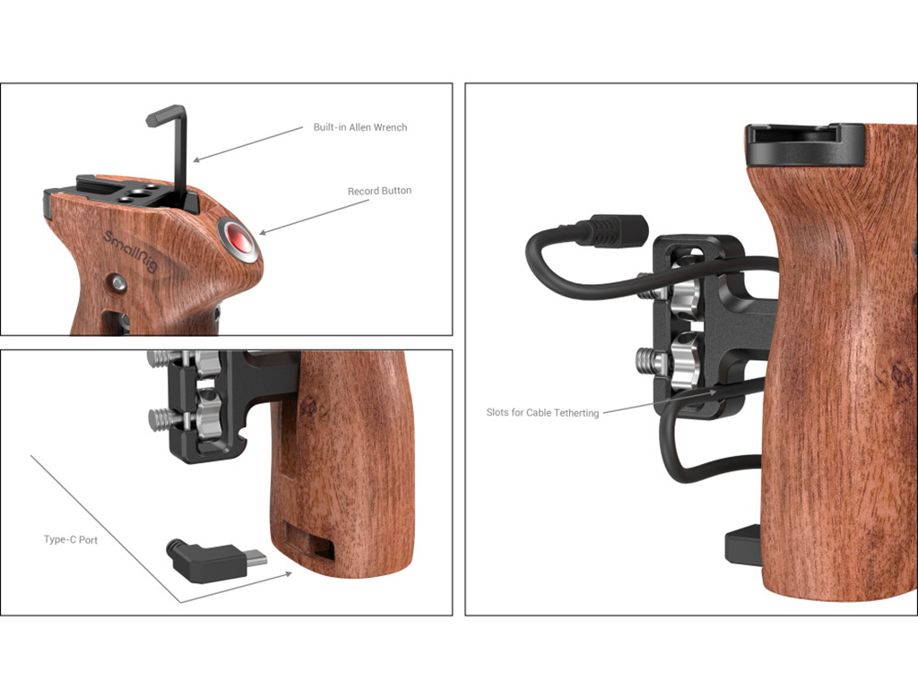 SmallRig 3323 Kayıt Tuşu Özellikli Ahşap Yan Tutma Kolu Yüksekliği Ayarlanabilir