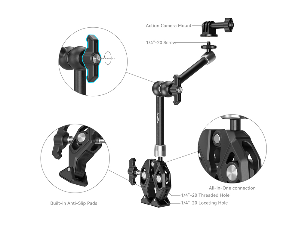 SmallRig 4454 Clamp Uçlu Çok Amaçlı Magic Arm Aksiyon Kamera Uyumlu