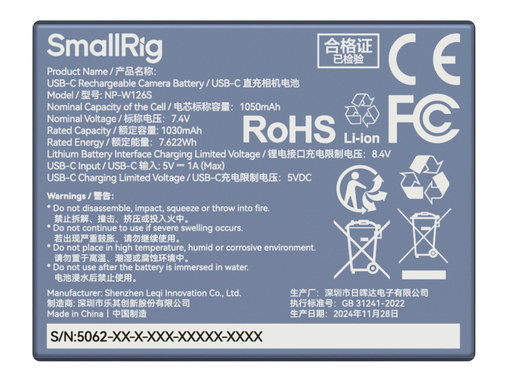 SmallRig 5062 Fujfilm NP-W126S USB-C Batarya